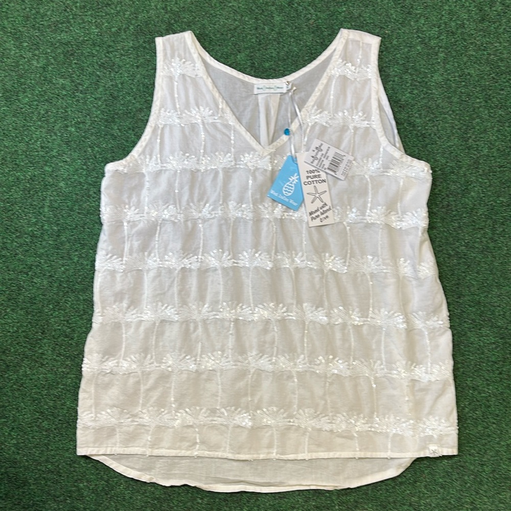 West Indies Wear Sleeveless Palm Sequin Top - White Island Cotton, L…